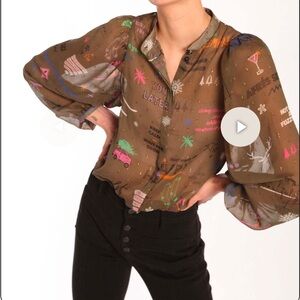 Vilagallo Edina sheer hidden button puff long sleeve Ski You Later blouse skiing